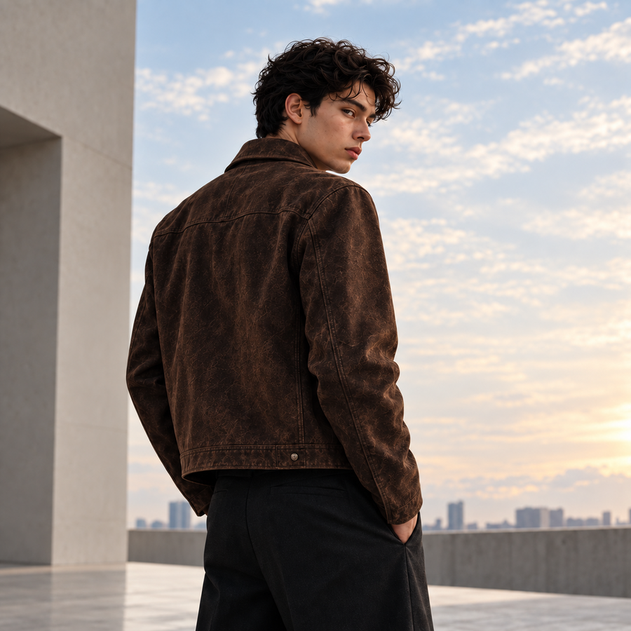 Harbingerのジャケットを着用した後ろ姿とシルエット