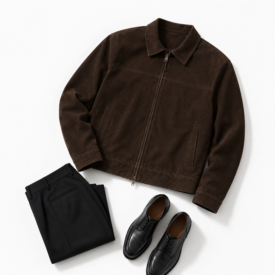 Harbingerのブラウンジャケットと黒いパンツ・靴のコーディネート
